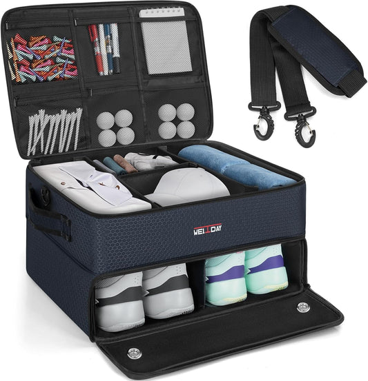 ANILD Golf Trunk Organizer, 2 Layer Golf Storage Case with Separate Ventilated Compartment for 2 Pair Shoes, for Balls, Tees, Clothes, Gloves, Accessories, Golfer Gifts