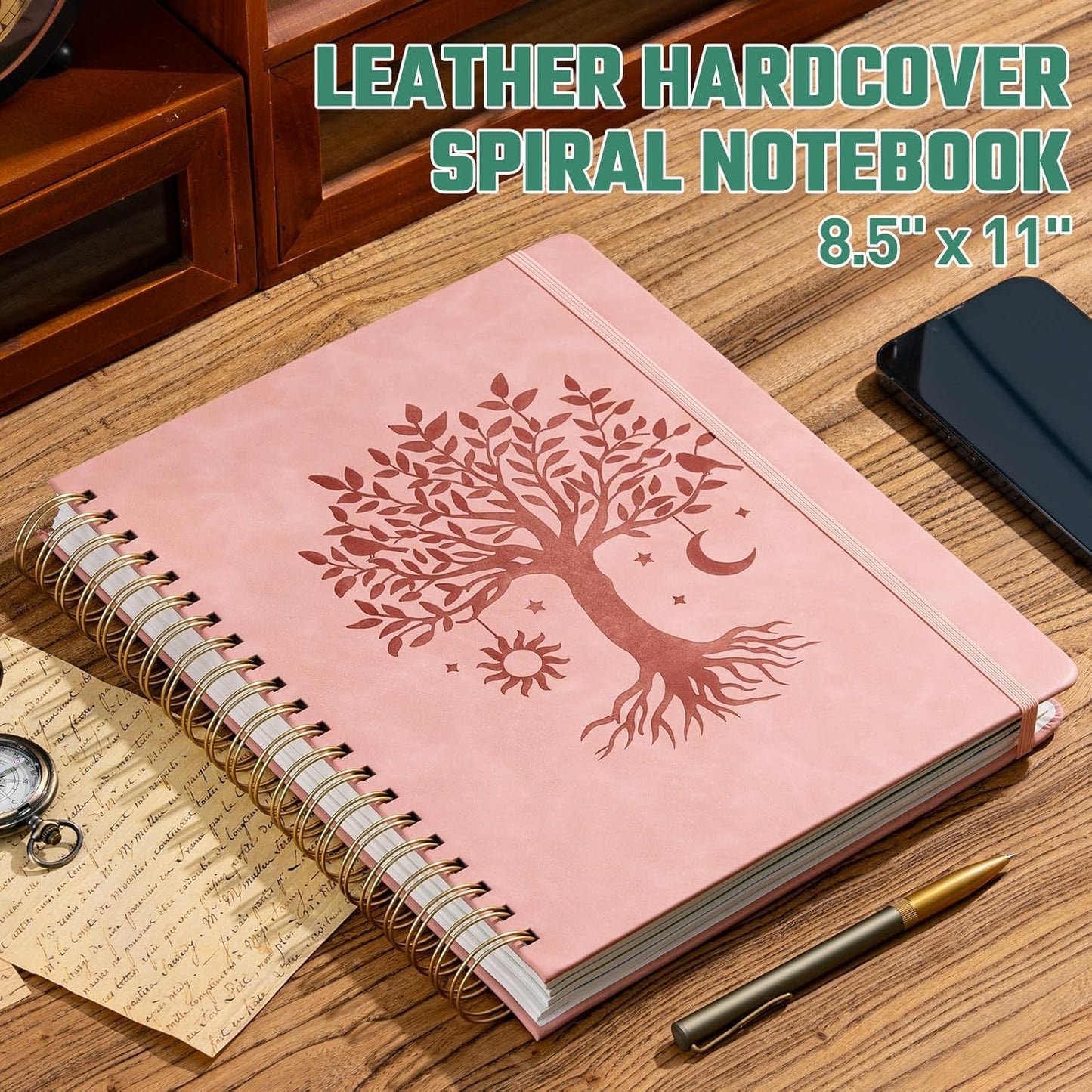Hardcover Spiral Notebook 8.5" x 11" with 5 Removable Dividers 300 Pages Leather 5 Subject Notebook College Ruled 100GSM Large Spiral Notebooks for Work Thick Lined Journal for Women, Pink