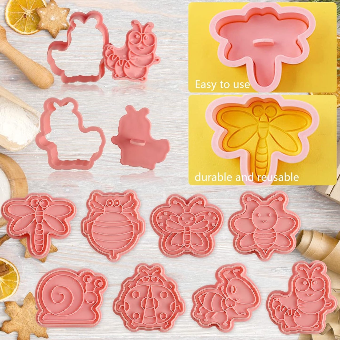 Insect Cookie Cutters Set, 8 Pcs Cookie Cutter with Plunger Stamps, Cute Cookie Cutters for DIY Biscuit Snacks Cheese Baking
