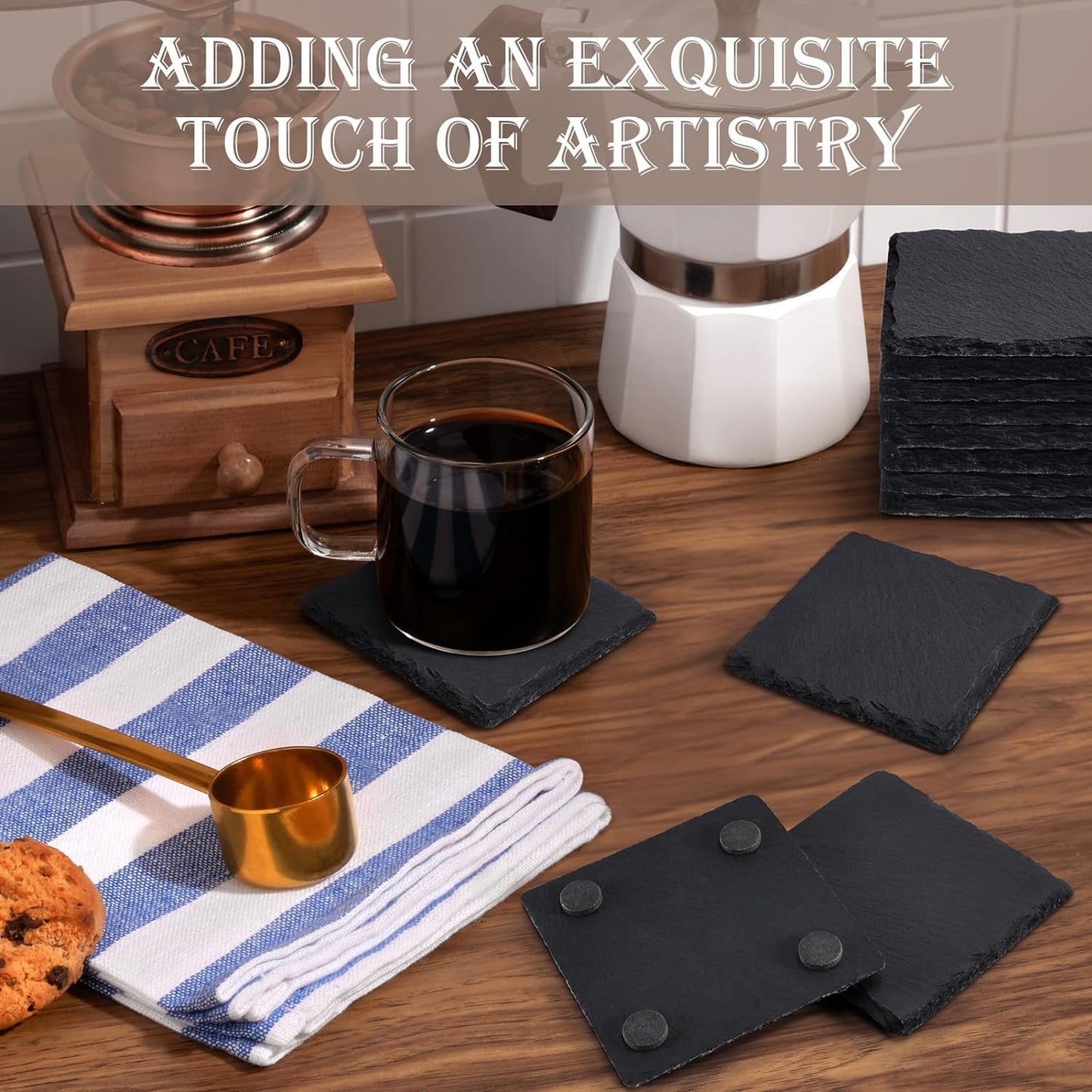 13 Pieces Slate Drink Coasters, GOH DODD 4 Inch Black Coasters Stone Coaster Set, Laser Engraving Blanks with Anti-Scratch Bottom for Home Office Kitchen Housewarming Gifts Wedding Party, Square