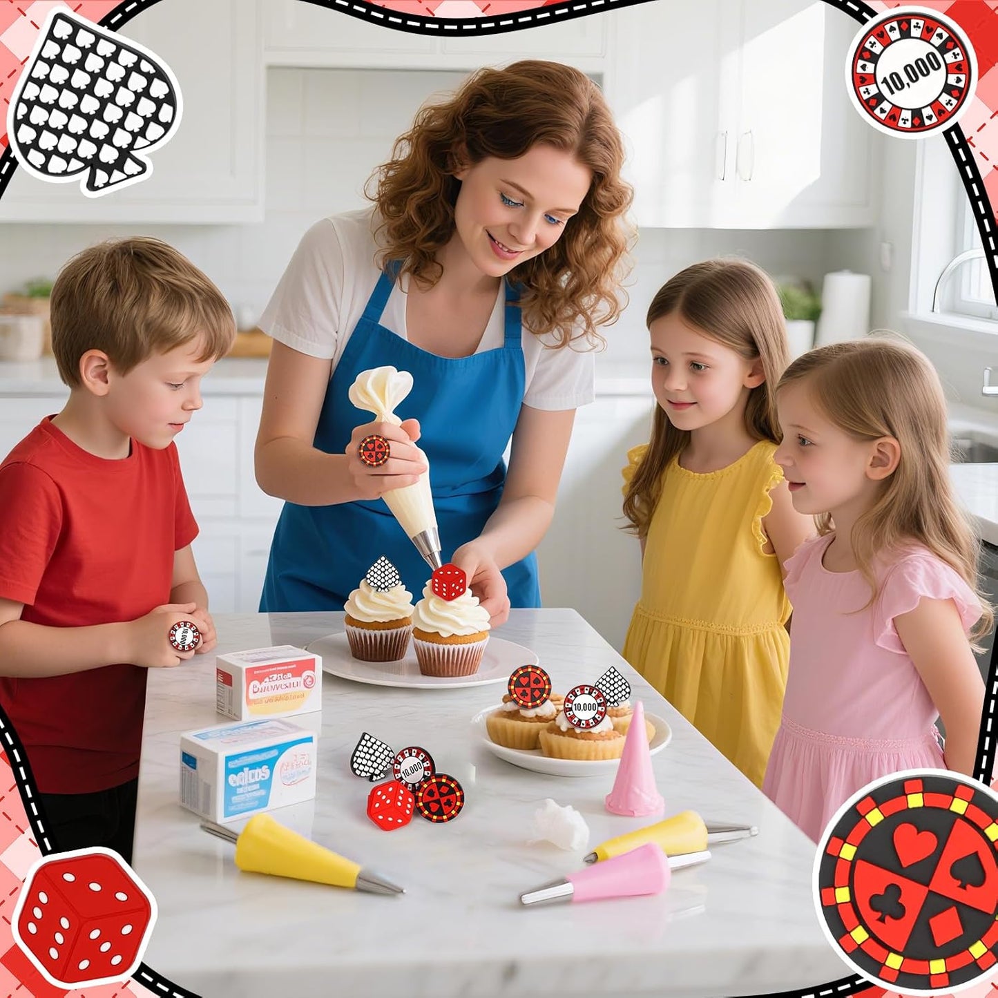 24Pcs Casino Cupcake Ring Toppers Poker Chips Heart Dice Cupcake Toppers Casino Theme Party Cake Decorations for Poker Game Night Las Vegas Birthday Corporate Events Party Supplies