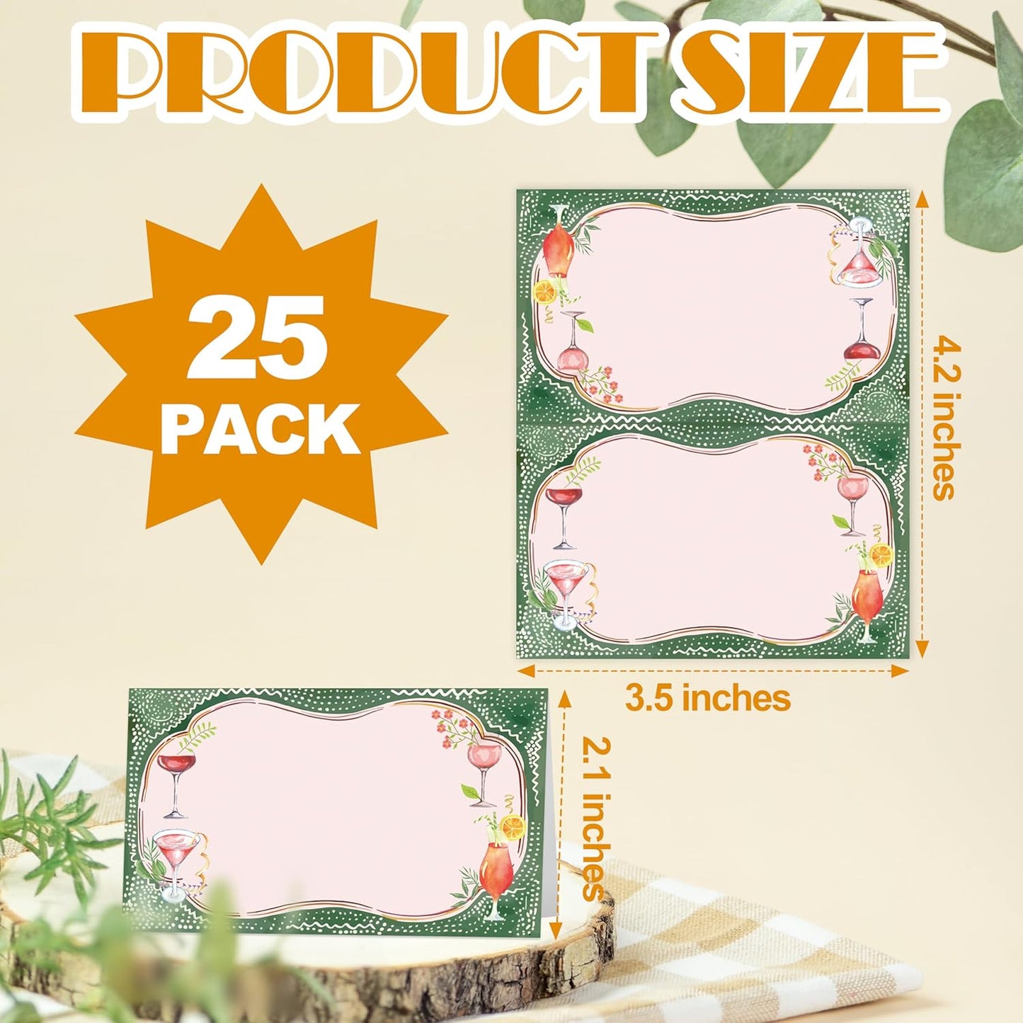 Holiday Cocktail Place Cards, Cocktail Glasses Table Place Cards For Table Setting, Green Name Cards For Birthday Party Baby Shower Girls Party Ladies Event Dinner Wedding, 25 Cards Included -08