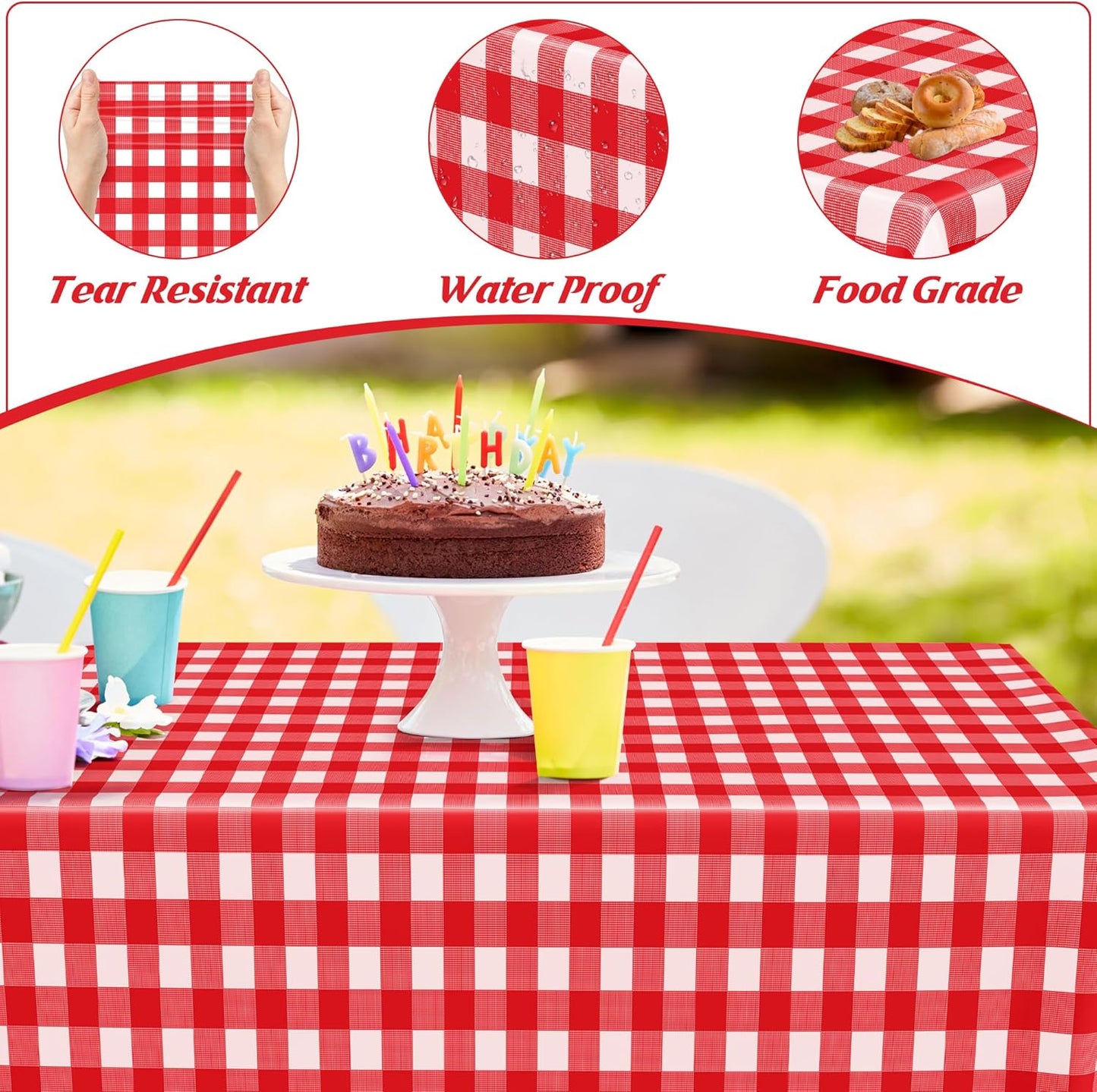 12Pack 54" x 108" Table Cloth Rectangle Table, Waterproof Plastic Table Cloth Ddisposable, Red and White Checkered Tablecloth Table Cover for Outdoor Picnic Birthday Party Gathering BBQ Holiday Dinner