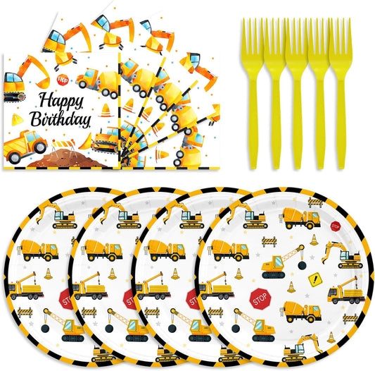48Pcs Construction Birthday Party Supplies Excavator Birthday Decorations Including Plates and Napkins Forks Supplies Serves 16 Guests Baby Shower Construct Party Decorations