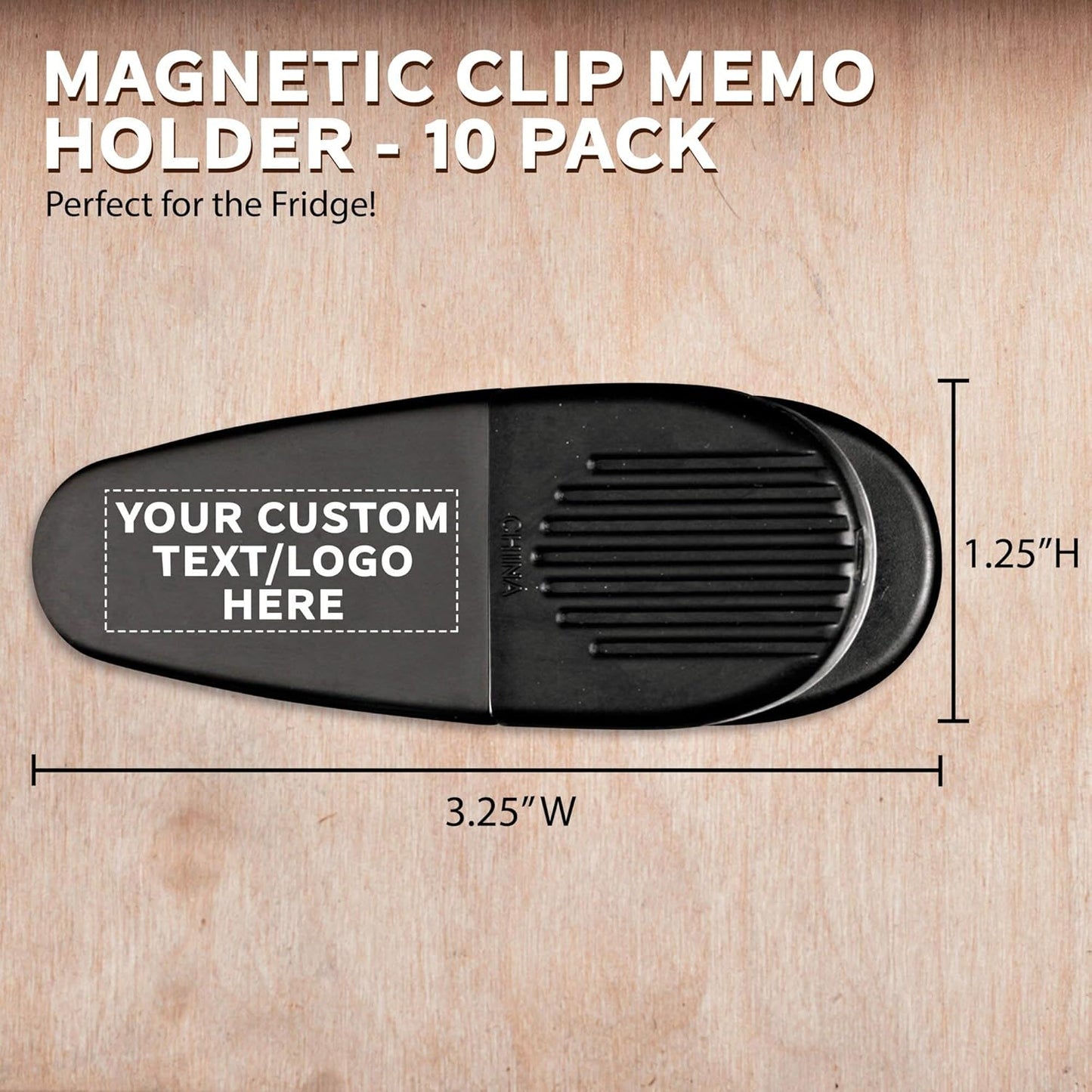 10 Magnetic Memo Holders Set - Customizable Text, Logo - Large Clip, Plastic - Black