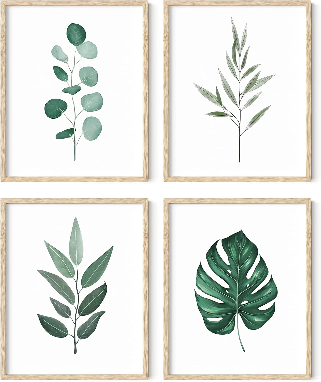 HAUS AND HUES Framed Botanical Wall Art - Set of 4 Tropical Leaf Prints, Sage Green Plant Wall Decor, Minimalist Leaves Art (Beige Frame, 8x10)