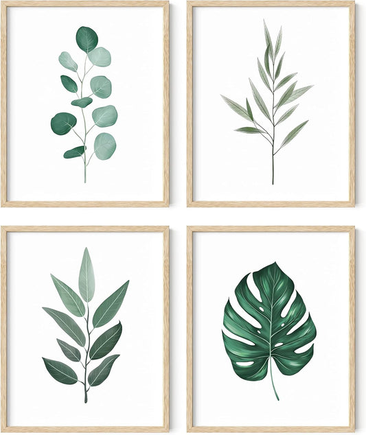 HAUS AND HUES Framed Botanical Wall Art - Set of 4 Tropical Leaf Prints, Sage Green Plant Wall Decor, Minimalist Leaves Art (Beige Frame, 8x10)