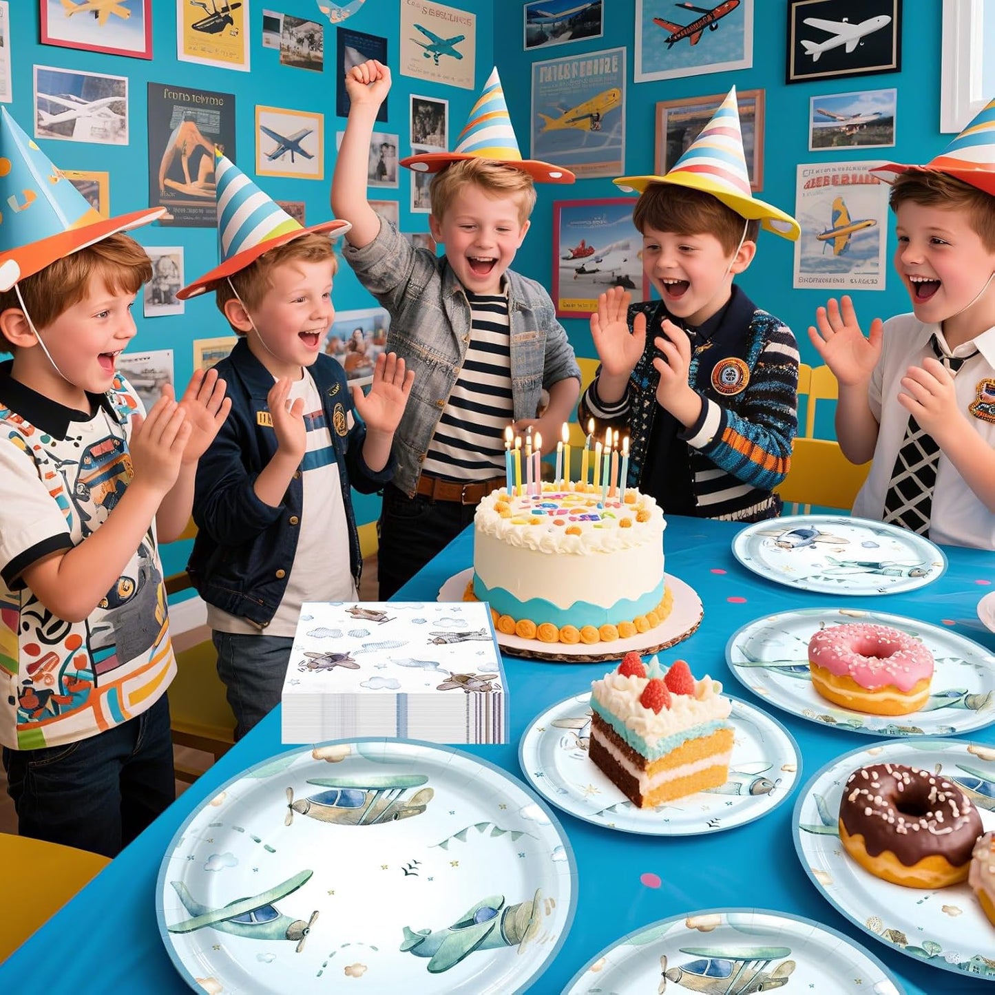 180Pcs Airplane Baby Shower Party Supplies Paper Plates and Napkins Serve 60 Disposable Tableware Set for Birthday Party Decorations Game Day Family School Holiday Sports Events