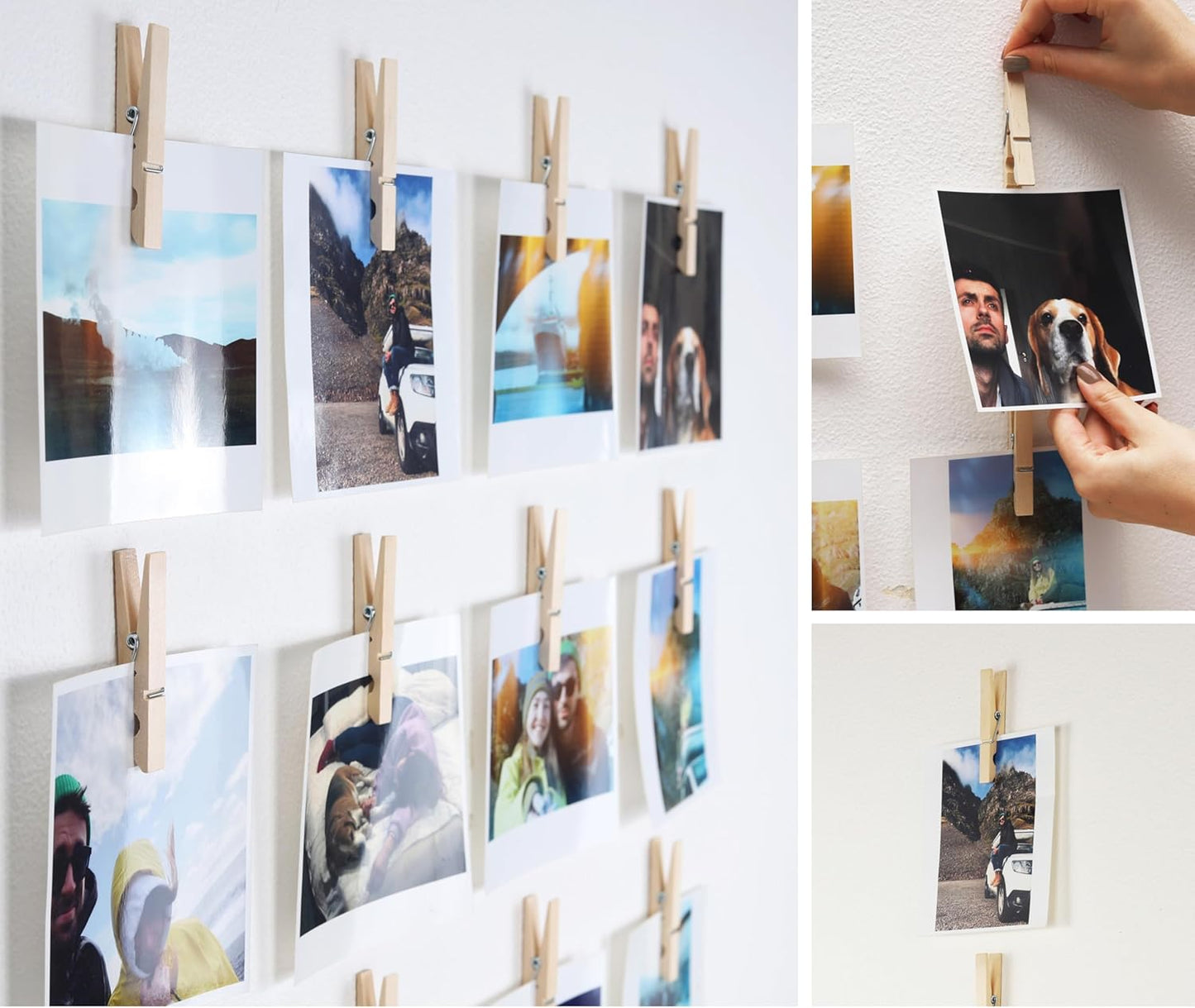 20 Pack Wood Photo Clips with Adhesive Layer 2.8'' for Wall, Art Holder, Mood Wall, Picture Holder, Poster Hanger, Dorm Room Decor, Photos Display