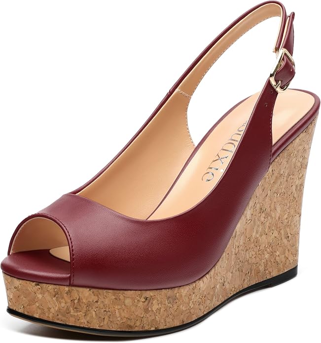 Womens Peep Toe Wedge Heels Matte Fashion Cork Slingback Pumps Platform Wedge by zasudxie