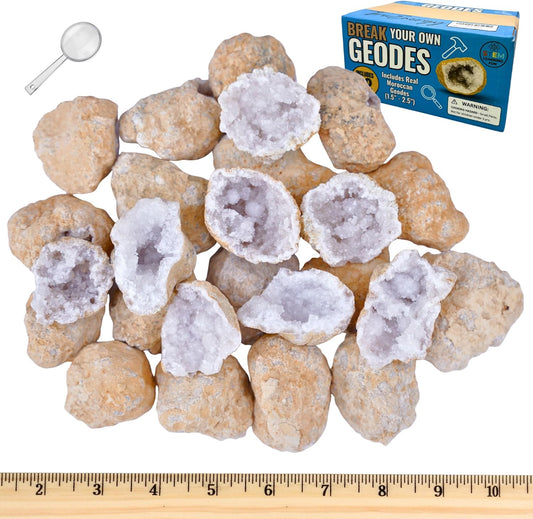 Break Your Own Geodes Kit for Kids – 20 Natural Crystal Geodes (1.5–2.5”) with Magnifying Glass & Learning Guide – Fun STEM Science Rock Kit for Kids Ages 6–12 – Gift-Ready Educational Set