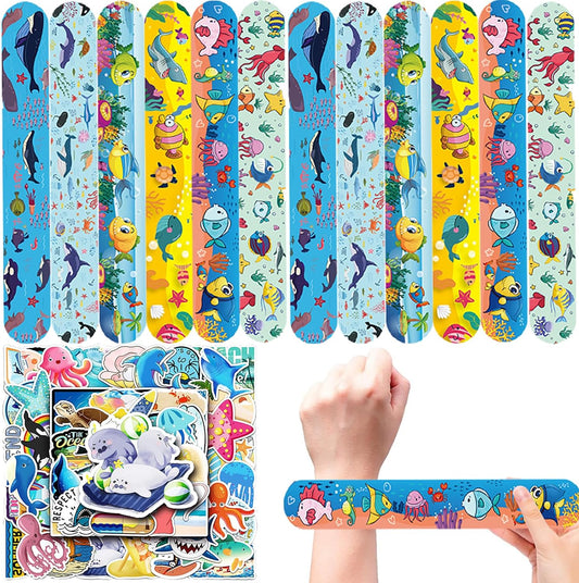 74PCS Ocean Sea Animals Party Favor 50PCS Snap Party Stickers&24PCS Slap Bracelets Under the Sea Animals Birthday Supplies Team Gift Fillers School Rewards Supplies