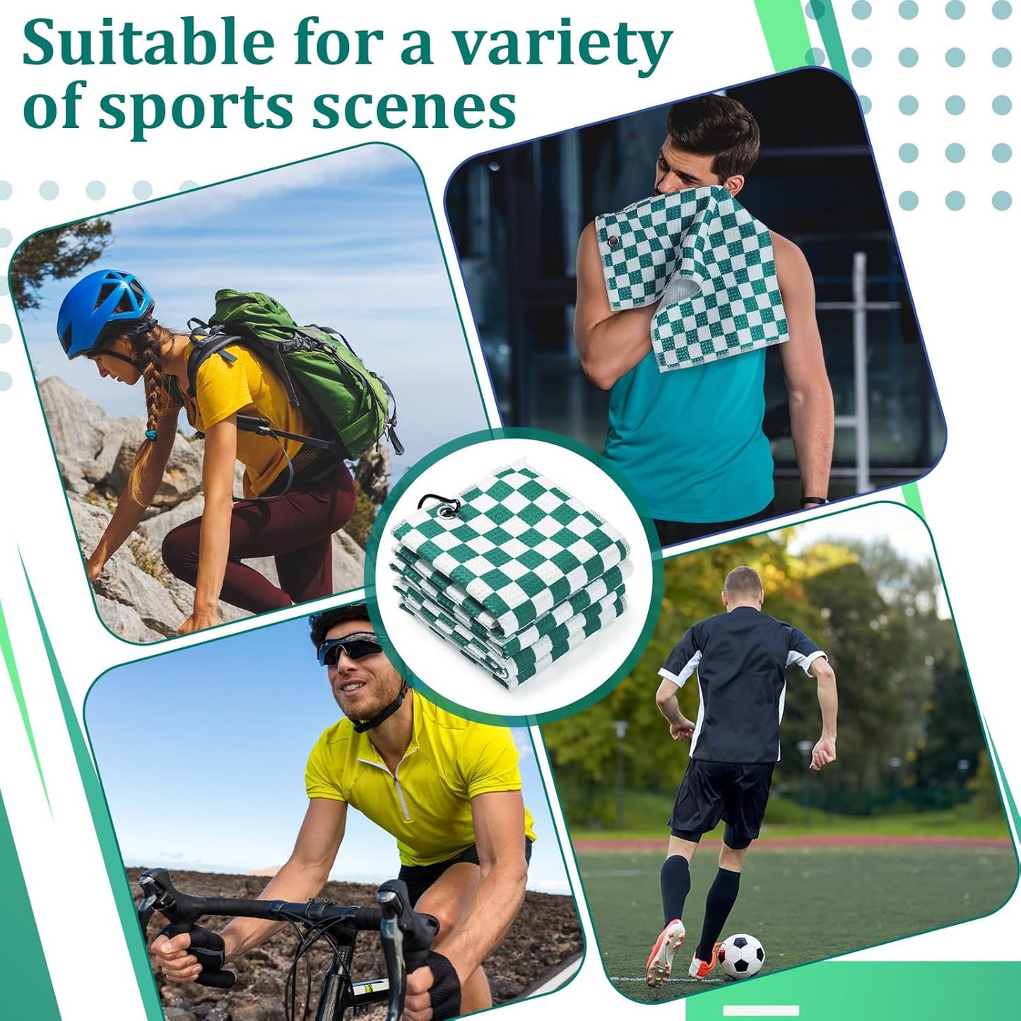 12 Pcs Golf Towels Bulk for Bags Microfiber Waffle Pattern Golf Towel with Clip 16'' x 16'', Ultra Absorbent Quick-Dry, Mini Tournament Yoga Fitness Men's Gifts(Emerald Green)