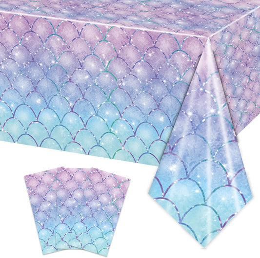 3PCS Mermaid Tablecloth for Girls 1st 2nd Birthday Party Under The Sea Princess Themed Table Cover for Baby Shower First Decorations Rectangle Table Cover-54x108in