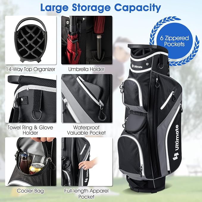 ULTIMATE 14-Way Golf Stand Bag, Portable Golf Bag w/ 6 Pockets, Cooler Bag & - Image 2