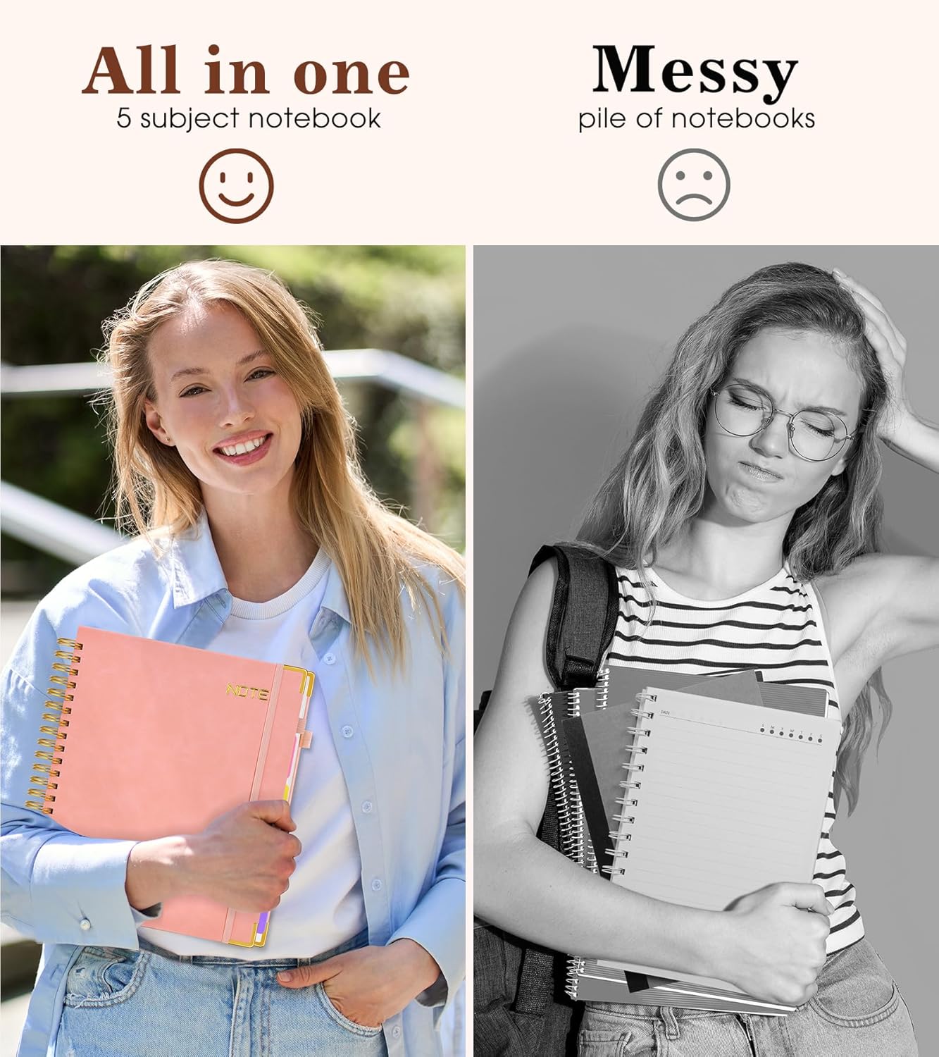 Hardcover Large Spiral Notebook 8.5" x 11" with Removable Dividers Tabs, 300 pages Leather 5 Subject Notebook College Ruled, A4 Journal for Women Men, Notebooks for Work School Note taking, Pink