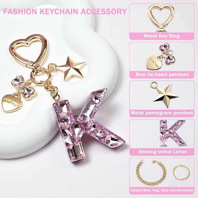 Cute Bling Keychain initial Letter Butterfly Star Pink Purple Gift - Image 2