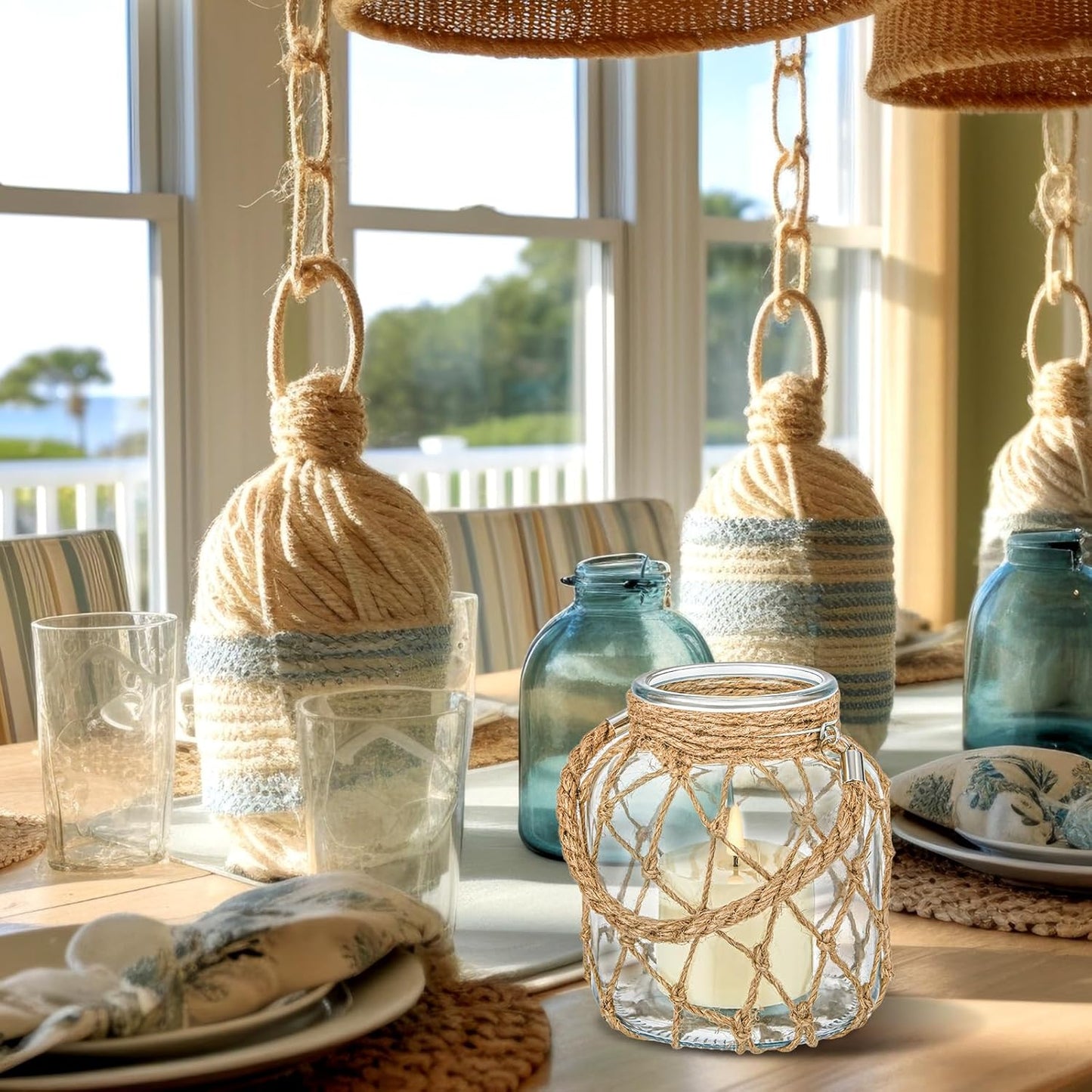 2 Set Nautical Candle Lantern with Rope Handle Coastal Glass Jar Battery Operated LED Flameless Lantern for Room Party Sea Beach House Table Centerpieces Decoration 5.5" x 5.5" x 6.3"