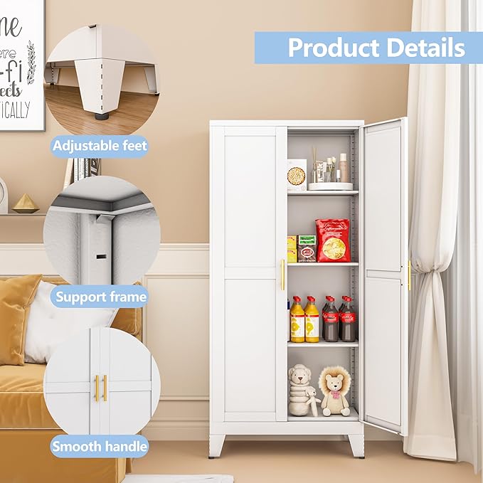 White Metal Storage Cabinet, Kitchen Pantry Storage Cabinet - Image 5