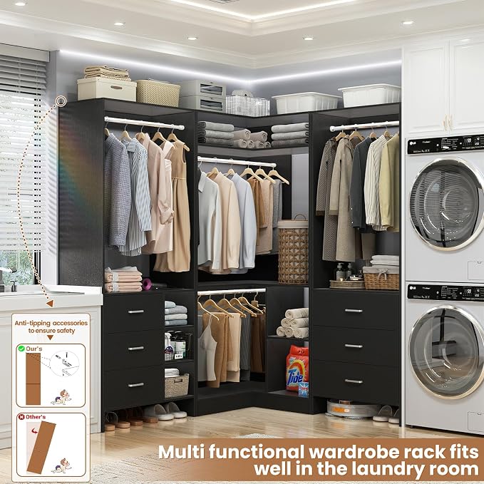 Aheaplus Closet System with 6 Drawers, 4 Hanging Rods & Corner Tower, Corner - Image 5