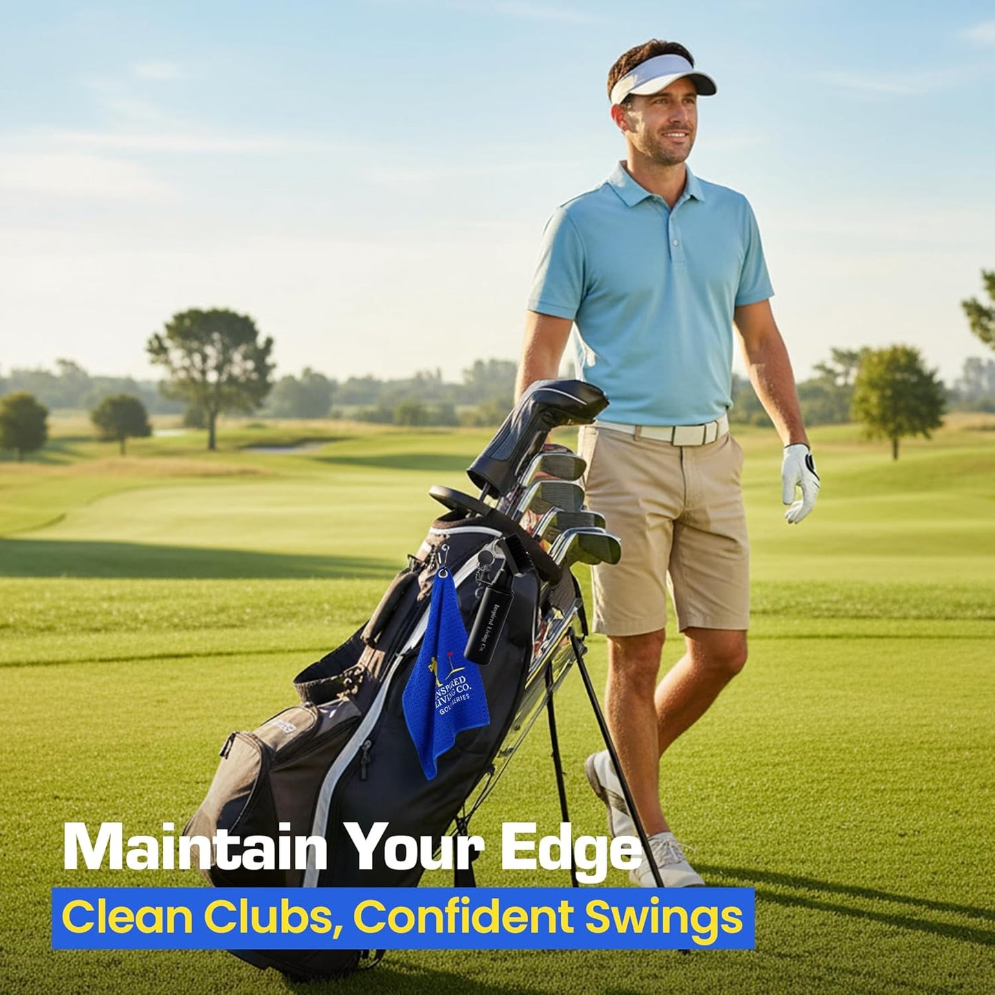 Inspired Living Co. Golf Club Cleaner Kit – Premium Golf Club Brush with Groove Cleaner & Microfiber Golf Towel – Golf Club Cleaning Kit for Men – Essential Golf Brush Tool & Golf Gift for Golfers