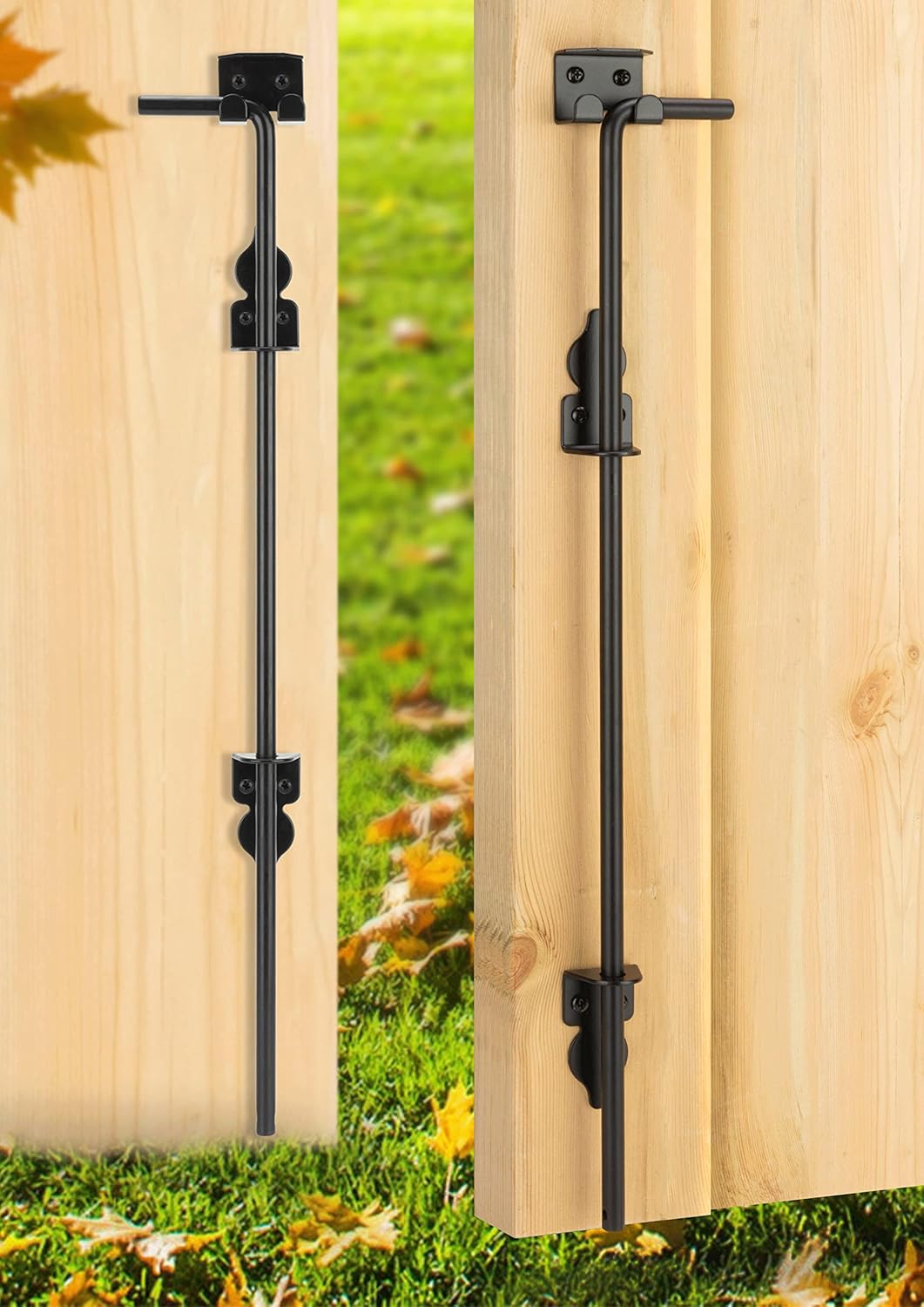 24" Heavy Duty Cane Bolt Gate Drop Rod Hardware Ground Latch for Wood PVC Vinyl Metal Fences Gates, Double Doors, Black Solid Steel -2 Pack
