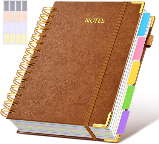 Hardcover Spiral Notebook journal with Removable Dividers Tabs, 300 Pages Leather 5 Subject Notebook College Ruled,A5 Notebooks for Work School Note taking,Lined Journal for Women,A5 Light Brown
