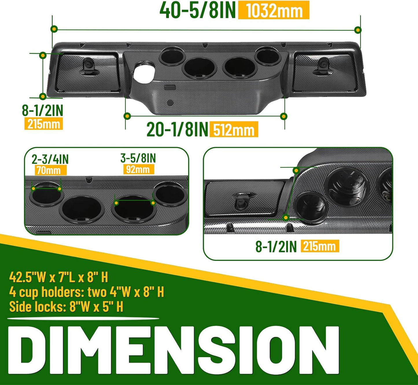 HECASA Dash Board Cover Assembly Compatible with 1982-Up Club Car DS Golf Cart Carbon Fiber Style Glove Boxes 4 Cup Holders (DS Models ONLY)