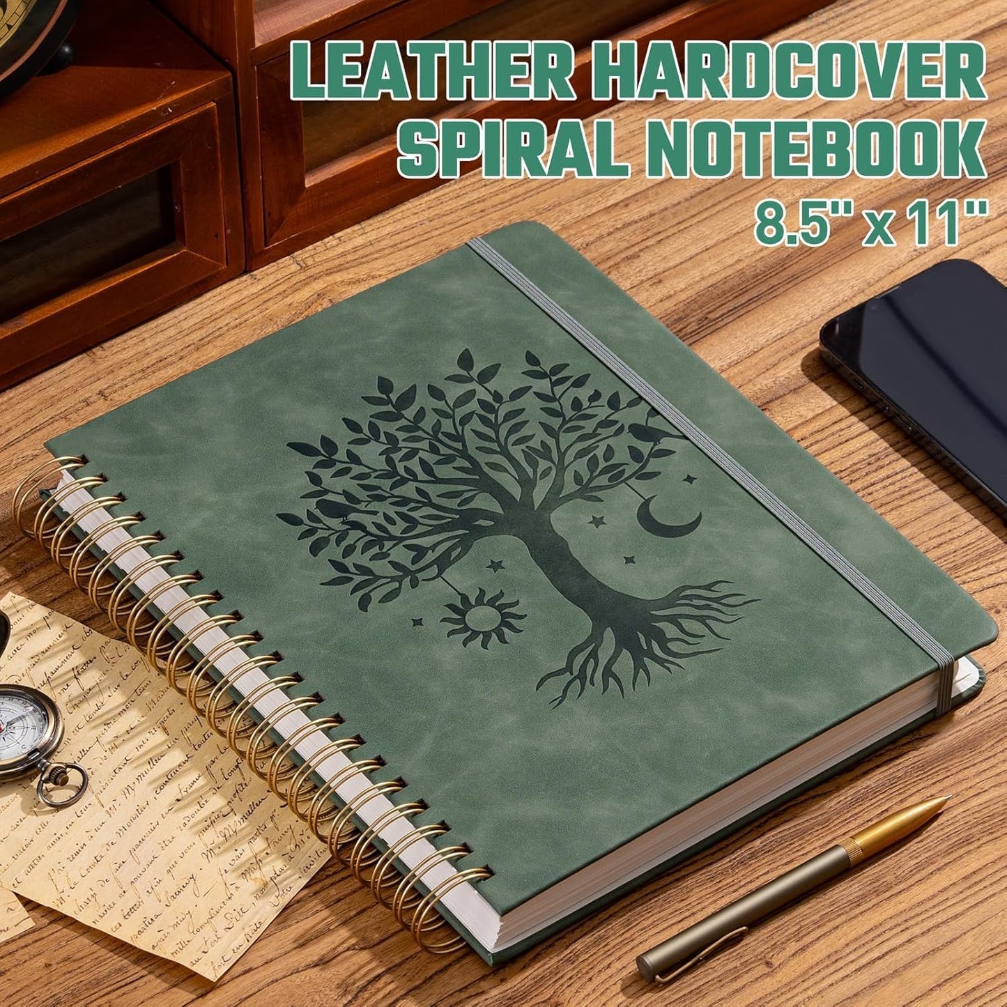 Hardcover Spiral Notebook 8.5" x 11" with 5 Removable Dividers 300 Pages Leather 5 Subject Notebook College Ruled 100GSM Large Spiral Notebooks for Work Thick Lined Journal for Women, Green