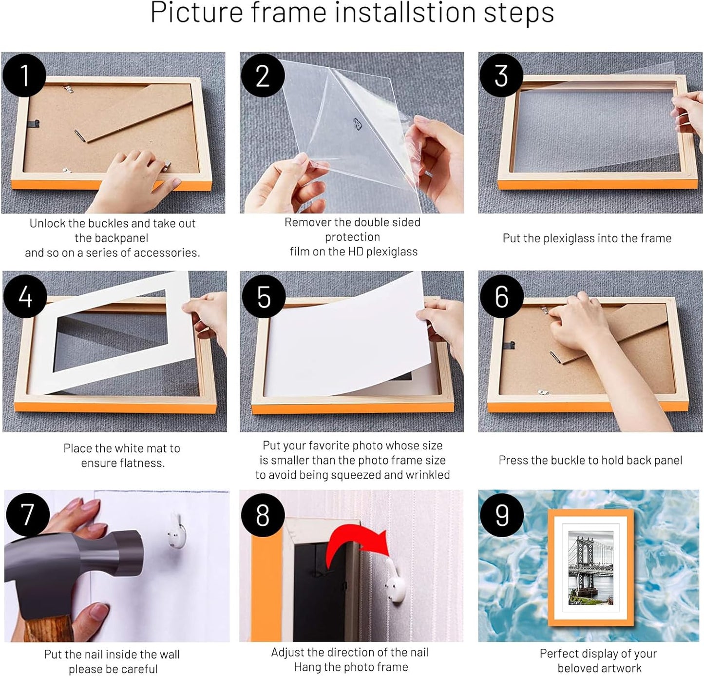 11x14 Solid Wood Picture Frames - Display 9x12 or 8x10 Pictures with or without Mat, Poster Photo Frame Art with 2 Mats for Wall Mounting or Table Top (Orange)