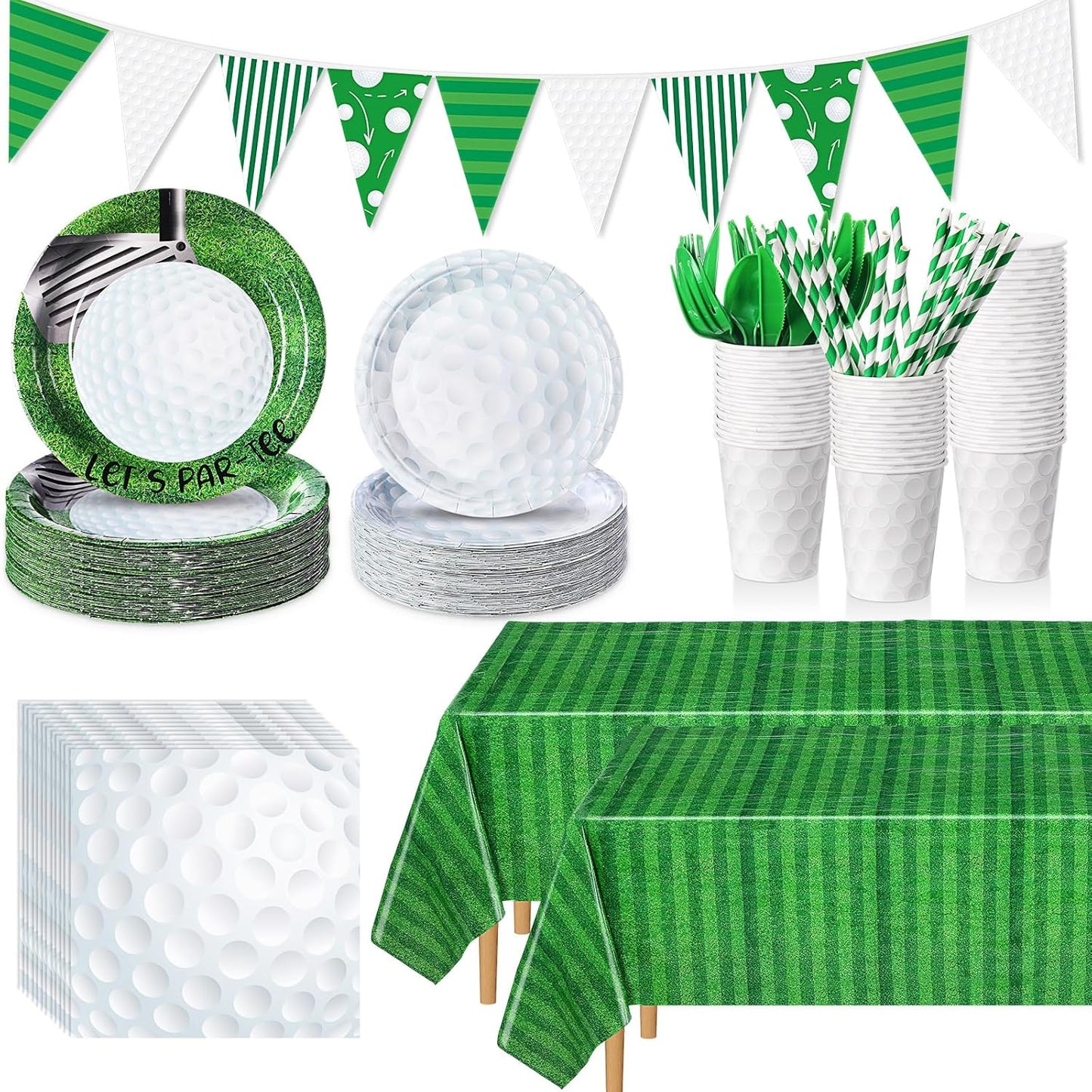195 Pcs Golf Party Supplies 24 Guest Disposable Dinnerware with Golf Tablecloth 9" and 7" Paper Plates Cup Napkin Plastic Fork Knives Spoon and Banner for Golf Birthday Decorations