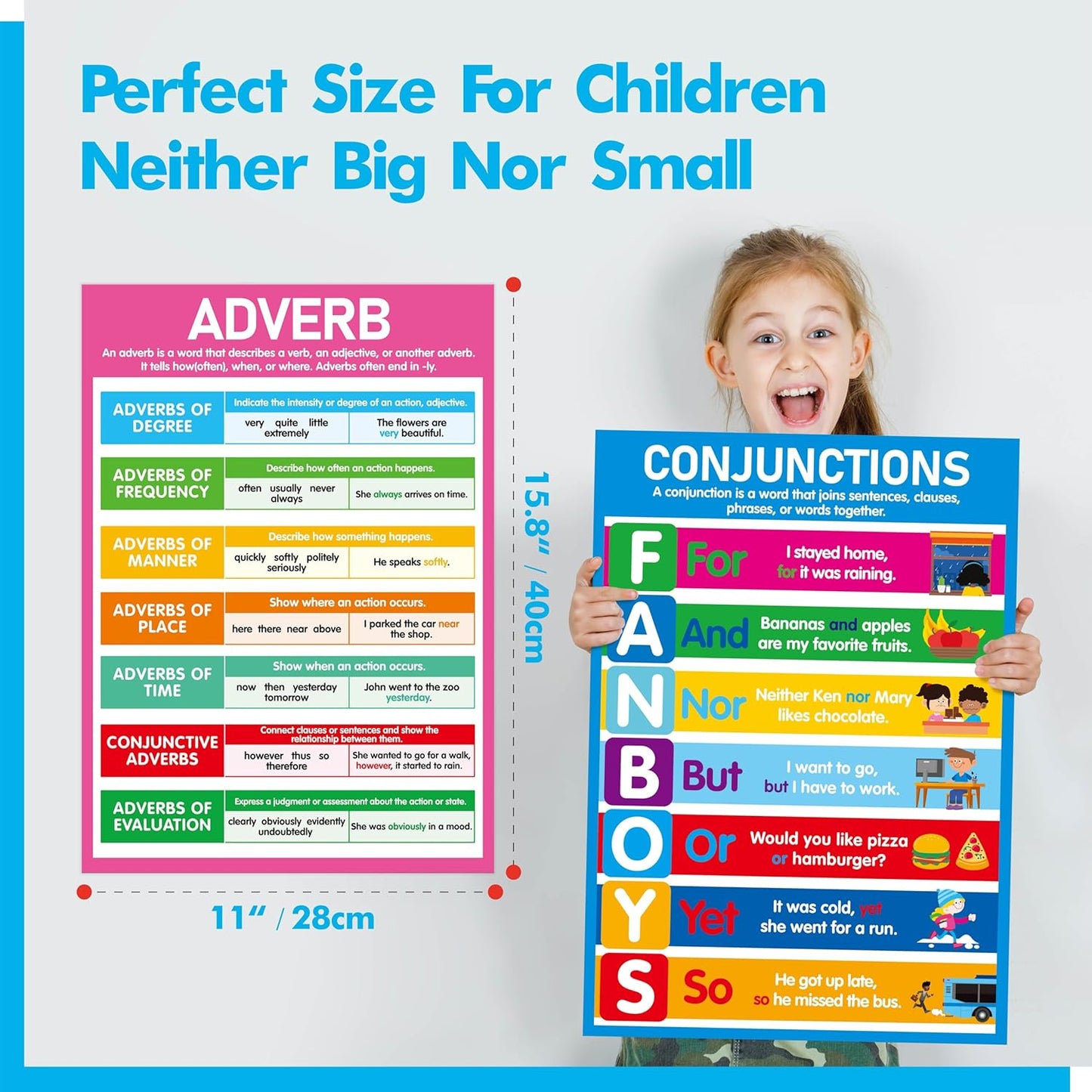 17 Part of Speech Posters, PET Film Covered English Grammar Poster Language Learning Tool for Middle Classroom, School, Bulletin Board, Kid’s Room, Teacher Supplies, English Language Art Wall Decor