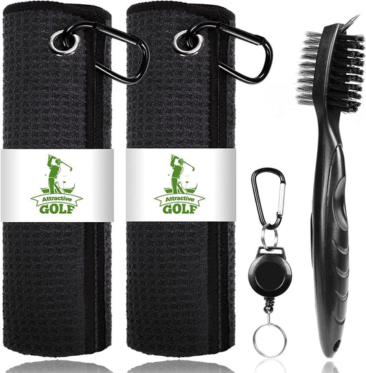 ATTRACTIVE Golf Towels, Microfiber Waffle Pattern Towels - Golf Club Brush with Cleaning (2 Black Towel+Black Brush)