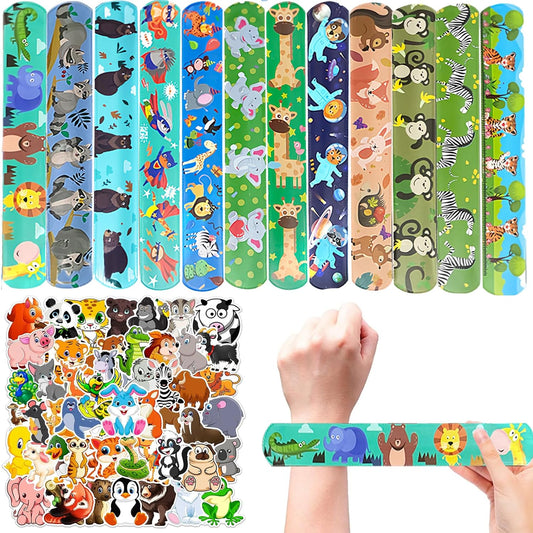74PCS Forest Animals Party Favor 50PCS Woodland Party Stickers&24PCS Slap Bracelets Jungle Animals Birthday Supplies Team Gift Fillers School Classroom games Rewards Supplies