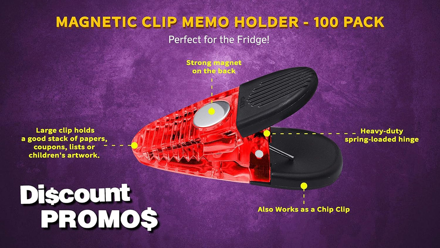 100 Magnetic Memo Holders Set - Customizable Text, Logo - Large Clip, Plastic - TRed