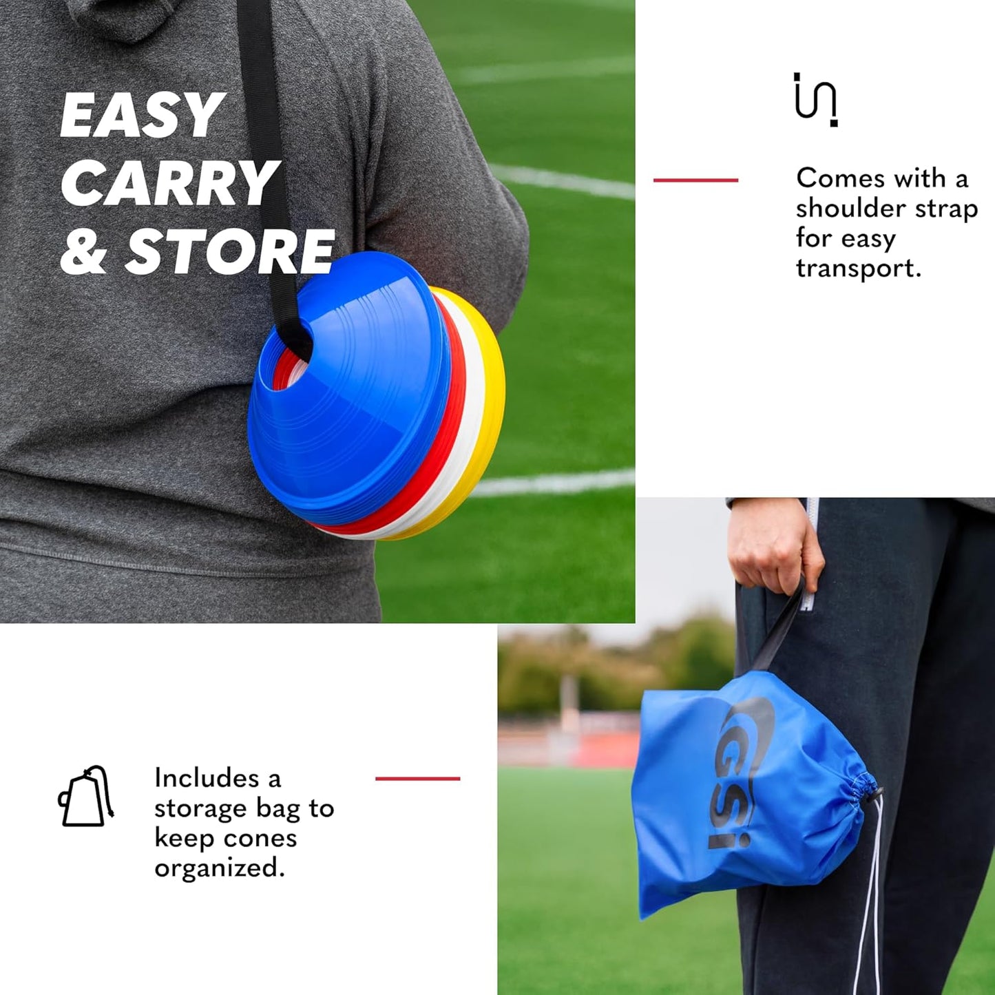 GSi Sports Cones | 40 Pack Training Cones with Strap for Agility Drills, Soccer, and Sports Practice and Shapes