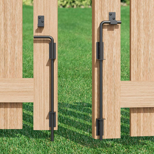 18" Heavy Duty Cane Bolt Gate Drop Rod, Extra Thick Gate Ground Latch Hardware for Wood PVC Vinyl Metal Fences Gates, Wrought Iron Doors Stopper Gate Latches, Black Finish, 2 Pack