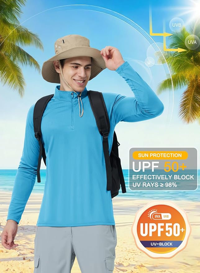CRYSULLY Men's Long Sleeve 1/4 Zip Shirts Sun Protection Pullover UPF 50+ Rash - Image 3