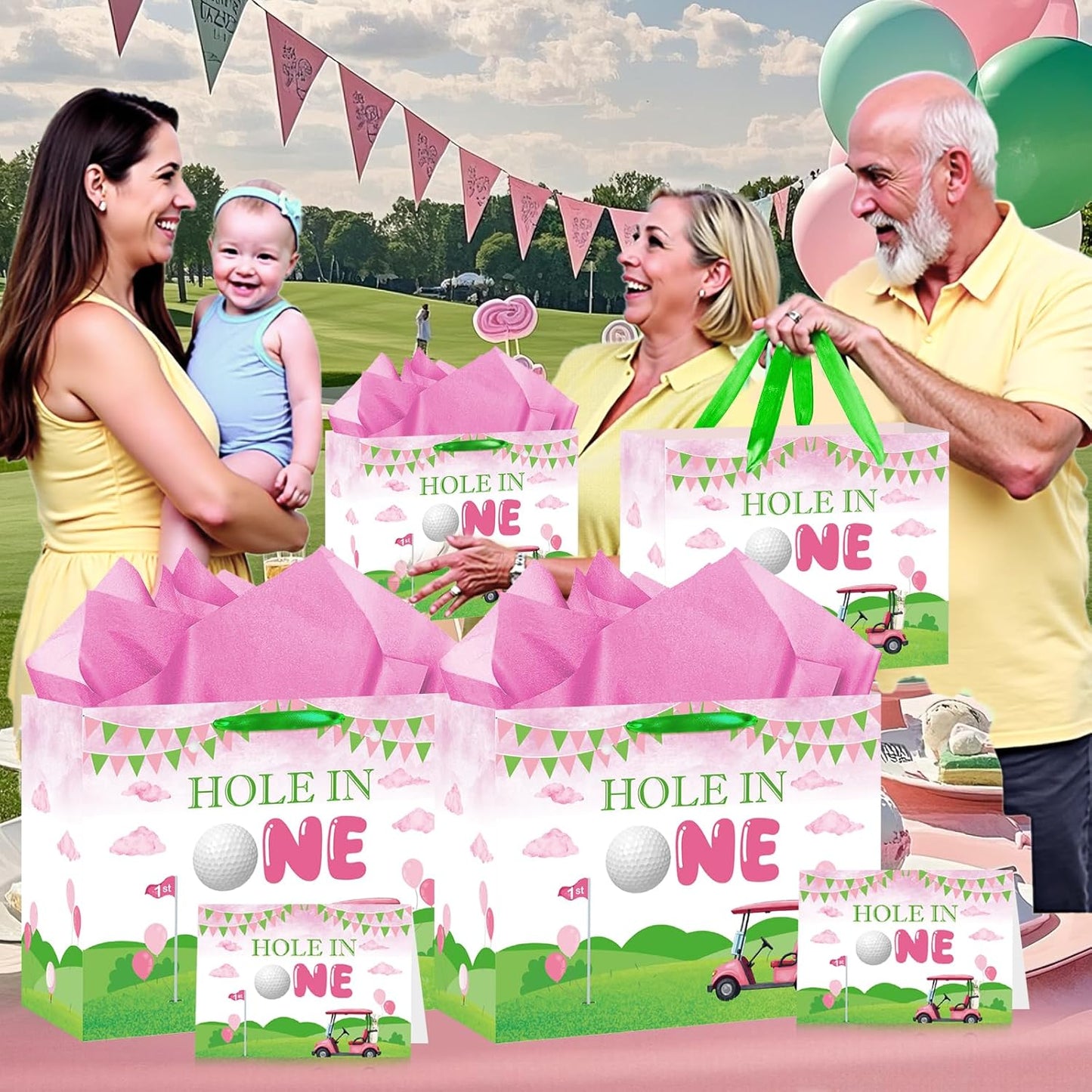 Hole in One Birthday Decorations Pink Hole in One Gift Bag Pink Green Golf First Party Bag Christmas 1st Birthday Wrapping Bag with Card and Tissue Papers for Girls Newborn Baby Shower Party Supplies