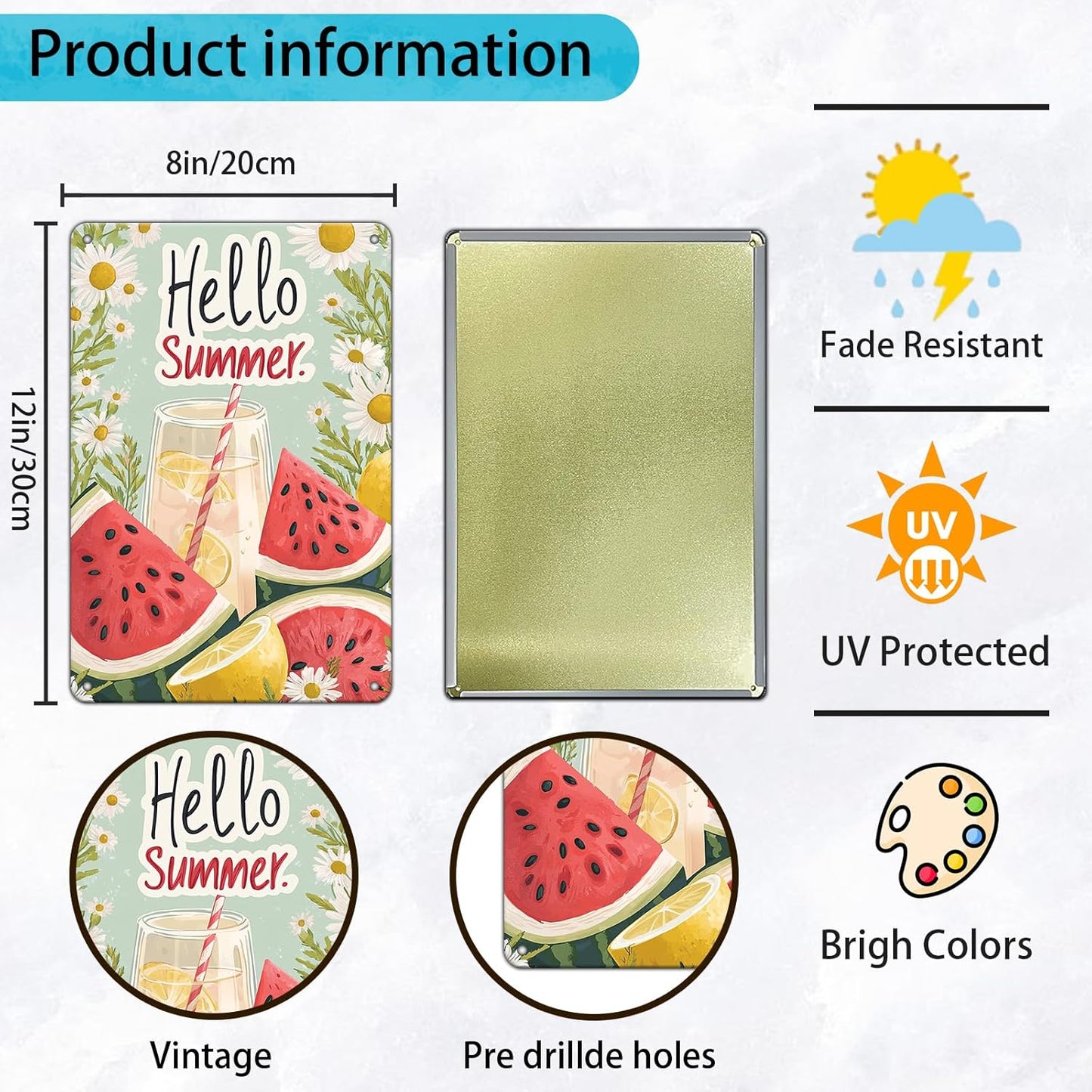 Hello Summer Vintage Tin Sign Watermelon Summer Decor Funny Wall Decor for Home Cafes Office Club 12x8 Inch