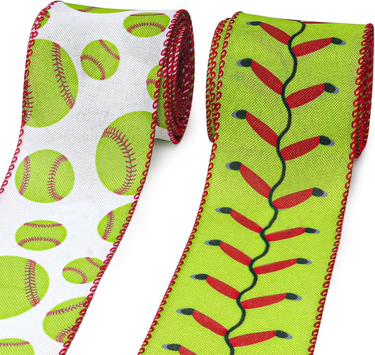 2 Rolls 10 Yards Softball Ribbons Green Yellow Wired Edge Burlap Ribbons for Crafts Sport Stitching Fabric Ribbon for Cheerleading Wrapping Wreath Sport Team Party Home Decoration 2.5Inch