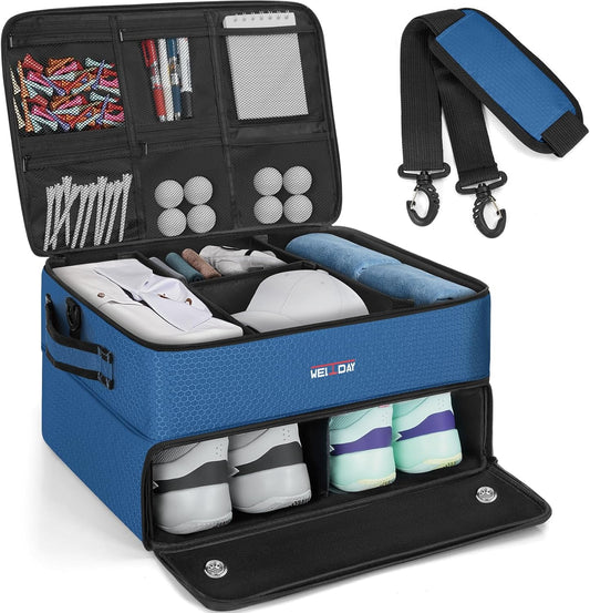 ANILD Golf Trunk Organizer, 2 Layer Golf Storage Case with Separate Ventilated Compartment for 2 Pair Shoes, for Balls, Tees, Clothes, Gloves, Accessories, Golfer Gifts