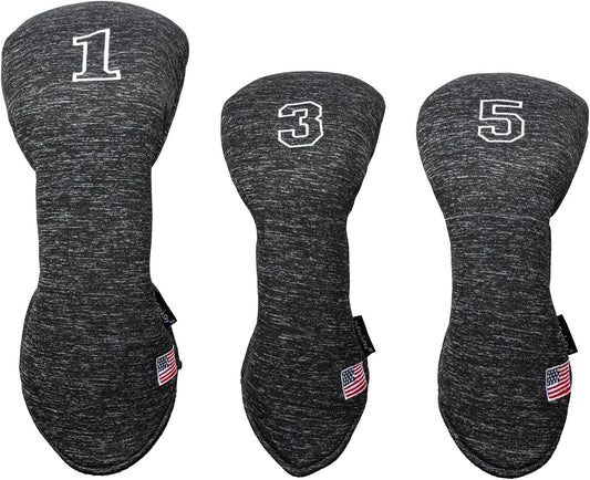 Golf Driver Head Covers 3-Pack for Men & Women - Premium PU Leather with Elephant Embroidery, Double Elastic Band (Driver/Fairway/Hybrid), Waterproof & Durable - White Grey or Black Grey
