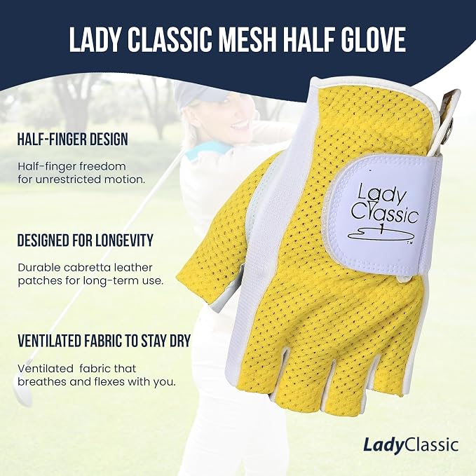 Mesh Half Golf Glove for Women – Premium Cabretta Leather Palm, Breathable Mesh - Image 3