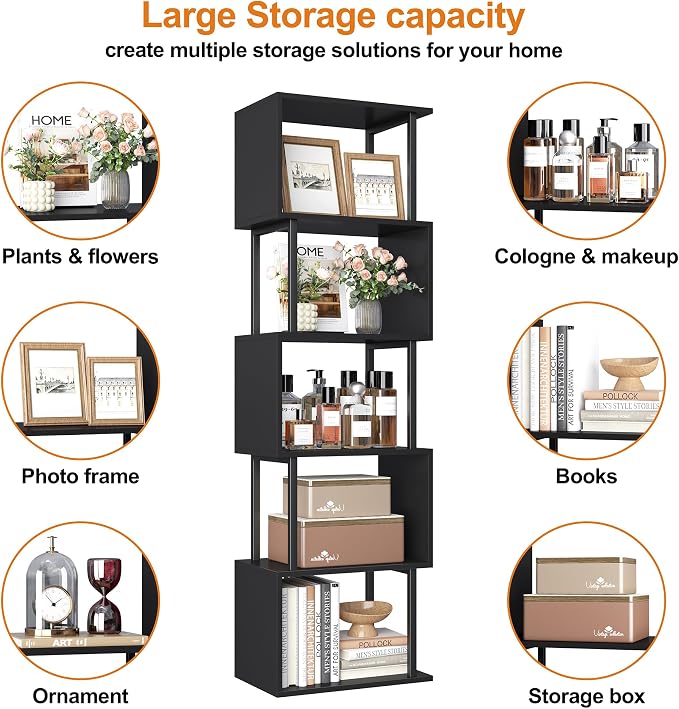 Yusong Bookshelf 5-Tier, Geometric Bookcase S Shaped Book Shelves - Image 6