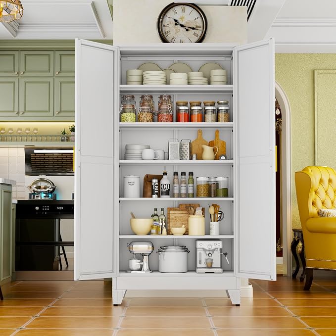 White Metal Storage Cabinet, Kitchen Pantry Storage Cabinet - Image 9