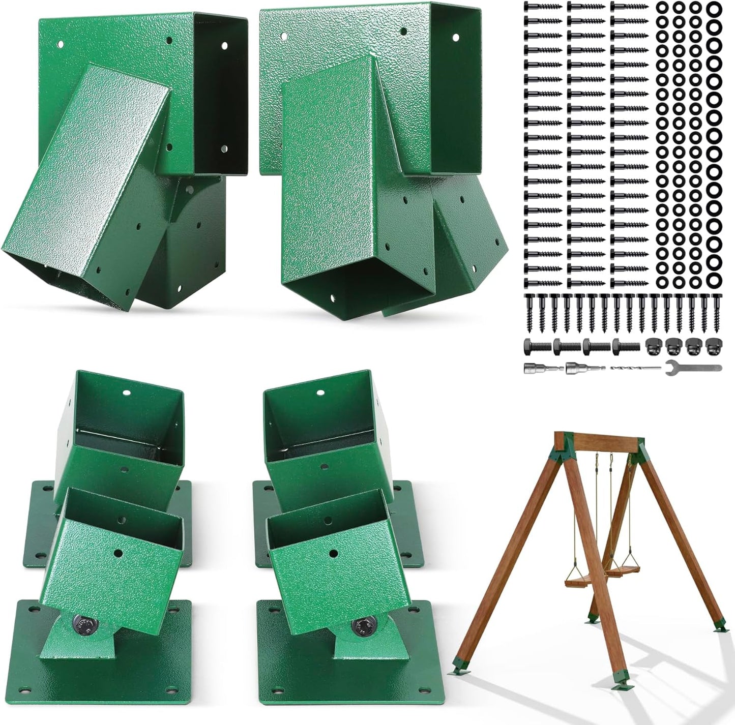 Hulave Stainless Steel Swing Bracket Kit, 4-Pack Swing Set Anchor Leveling Kit Bracket 4"x4"+2pcs A Frame Swing Set Brackets with Mounting Accessories(Green)
