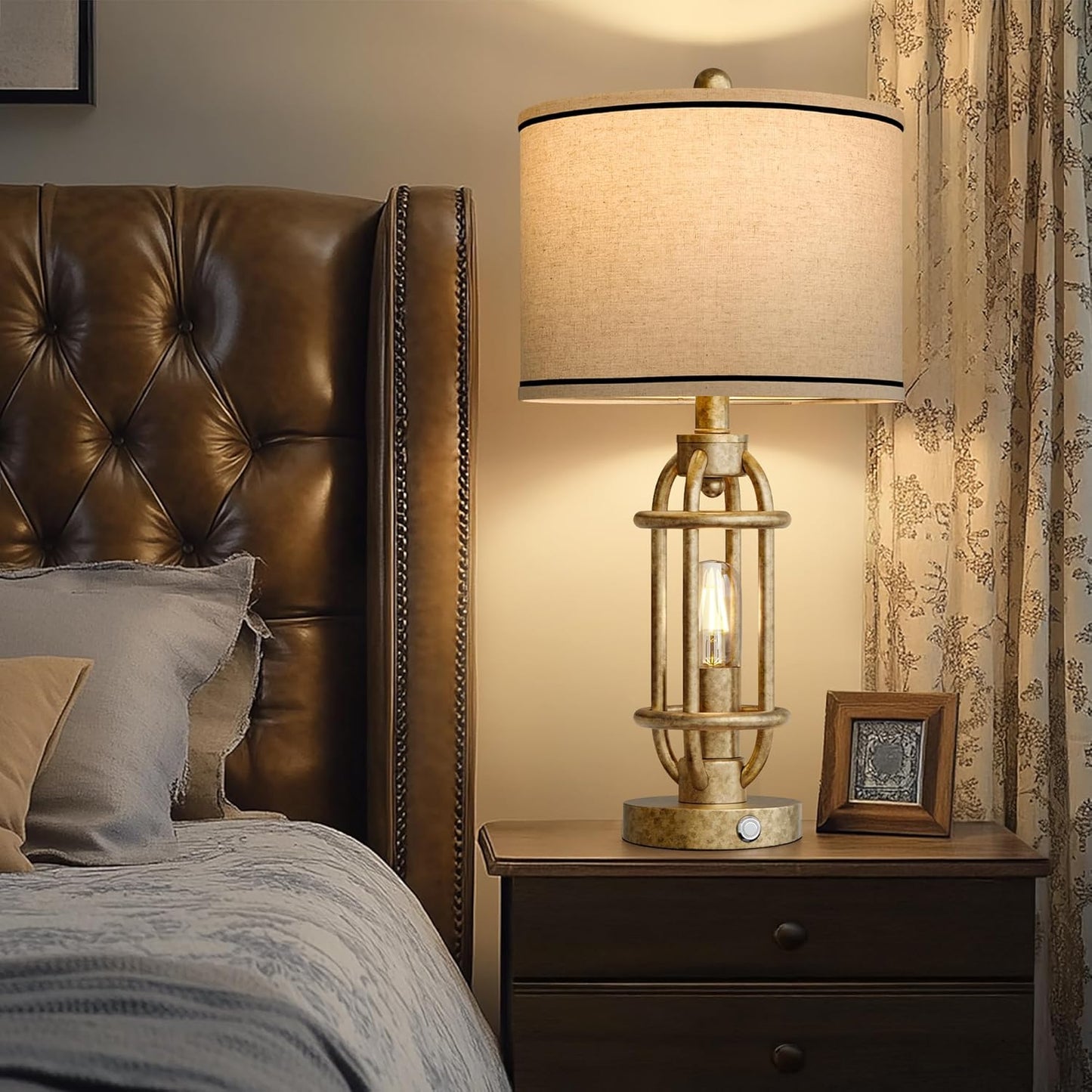 23.75'' Table Lamps Set of 2 for Living Room Bedroom Industrial Farmhouse Metal Touch Lamps with USB A+C Ports, Night Light Vintage Nightstand Bedside Lamp, Bulbs Included, Champagne Gold