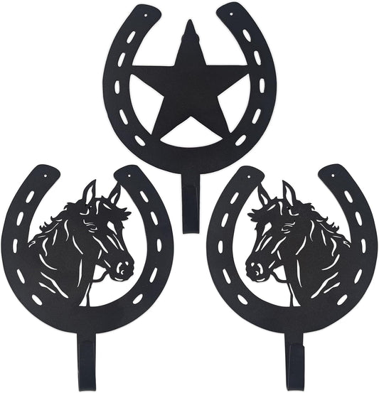 3PCS Horse Star Rustic Ranch Horse Head Hook Coat Hooks, Key Hooks