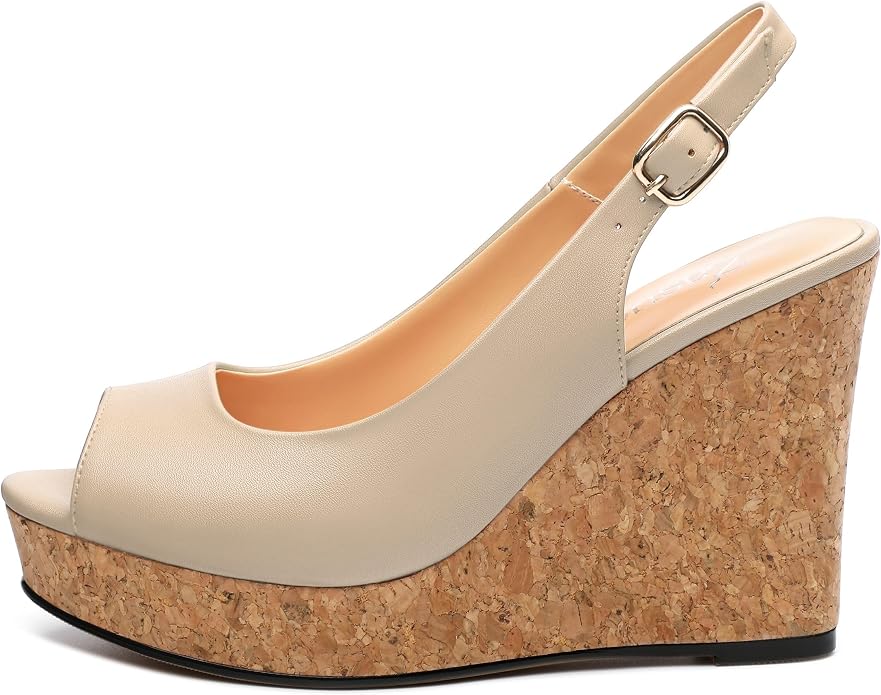 Womens Peep Toe Wedge Heels Matte Fashion Cork Slingback Pumps Platform Wedge - Image 2